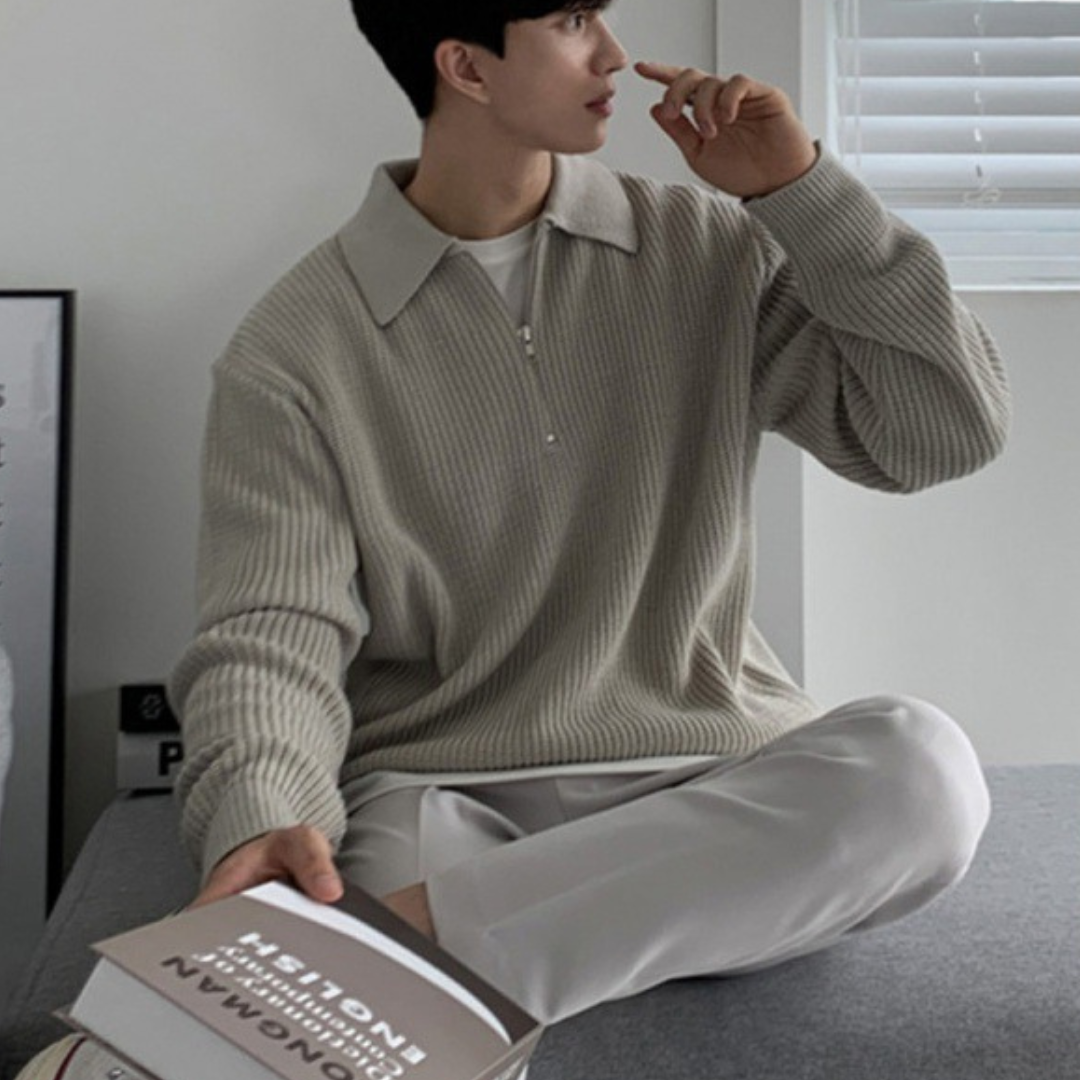 Rib Knit Sweater with Quarter Zip and Spread Collar 3