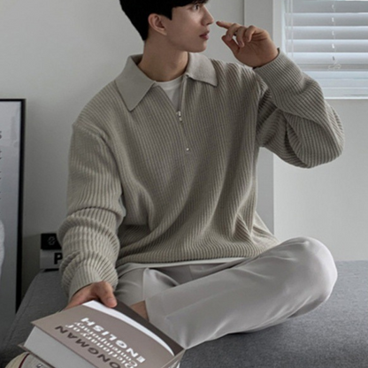 Rib Knit Sweater with Quarter Zip and Spread Collar 3