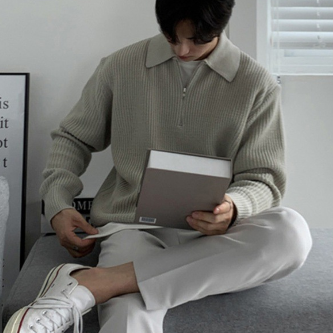 Rib Knit Sweater with Quarter Zip and Spread Collar 4