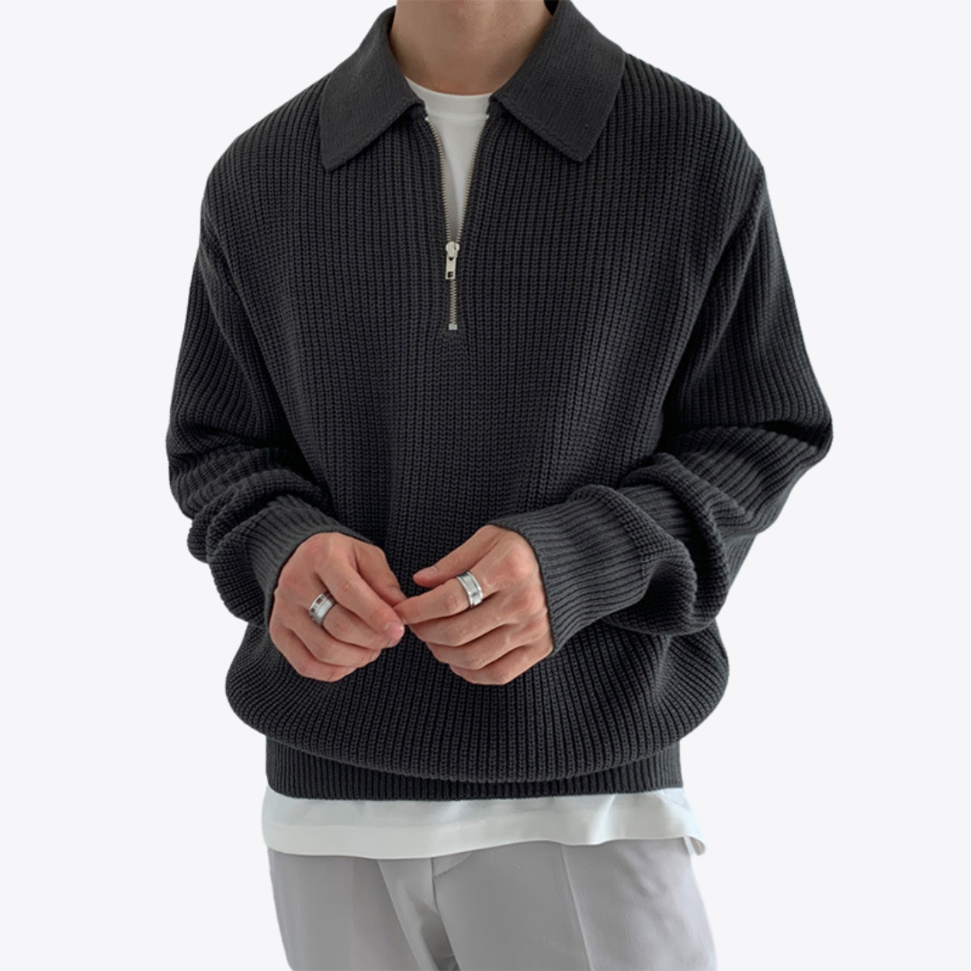 Rib Knit Sweater with Quarter Zip and Spread Collar 6
