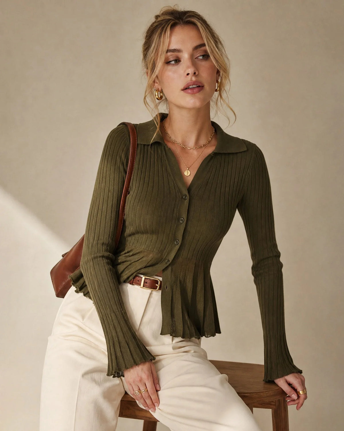 Rivelle Knit Cardigan | Textured Bell Sleeves, Slim Fit, Collared 1