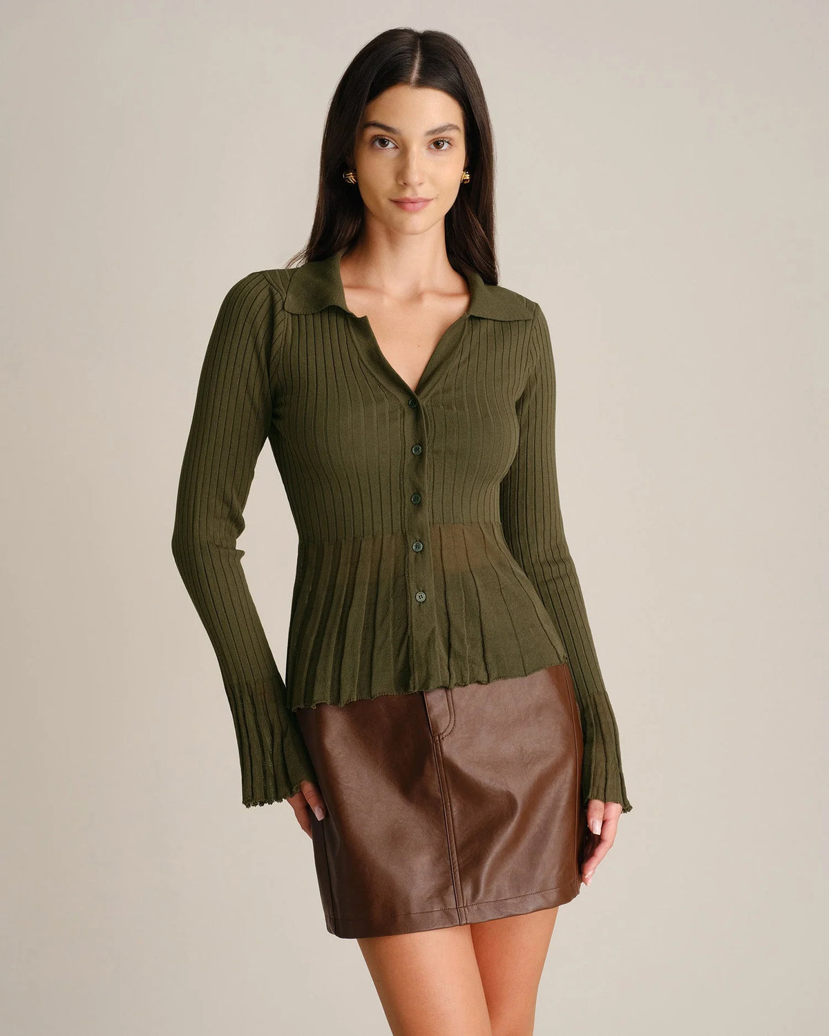 Rivelle Knit Cardigan | Textured Bell Sleeves, Slim Fit, Collared 2