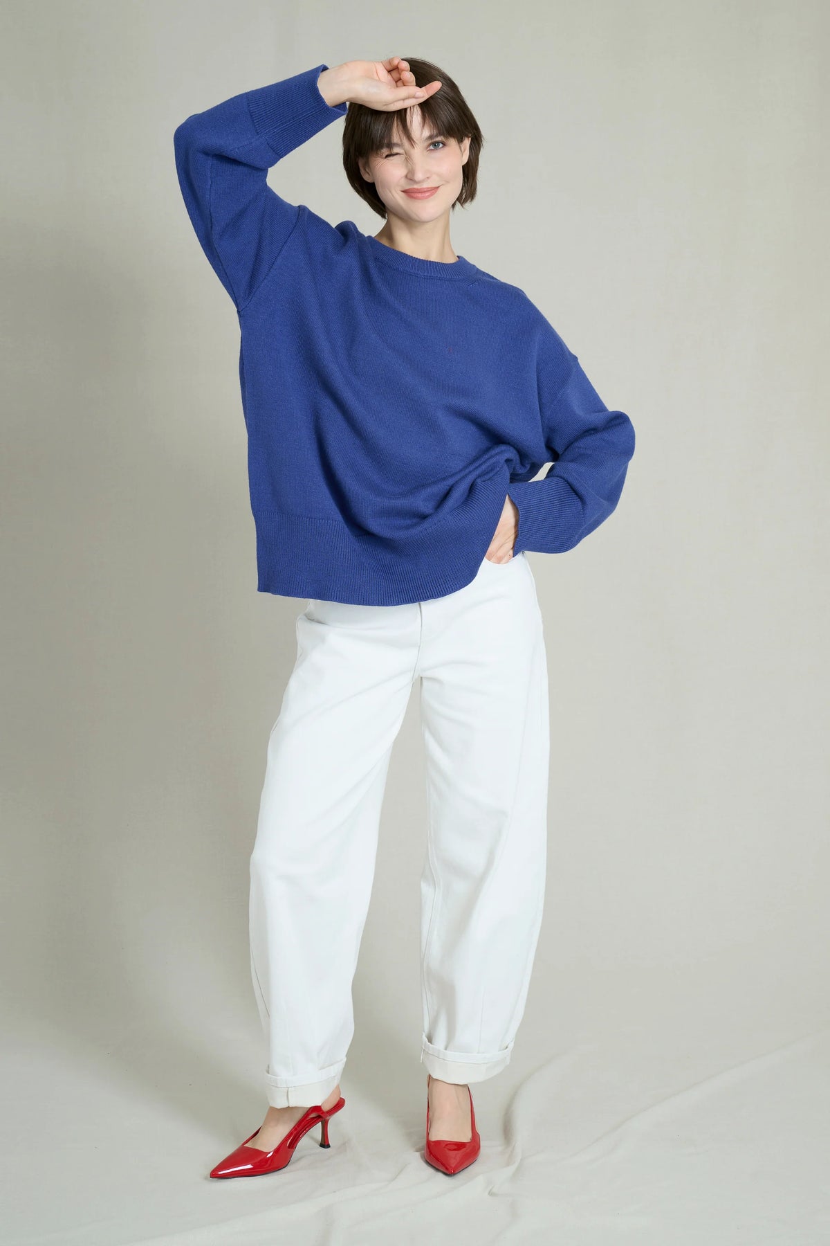 Royal blue oversized crew neck chunky knit sweater 0