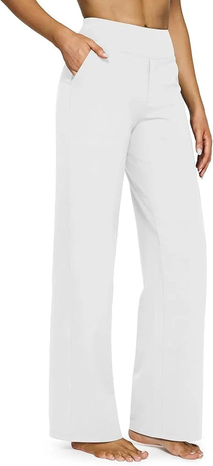 Women's High-Waist Soft Knit Trousers with Pockets - Comfortable Straight Leg Pants