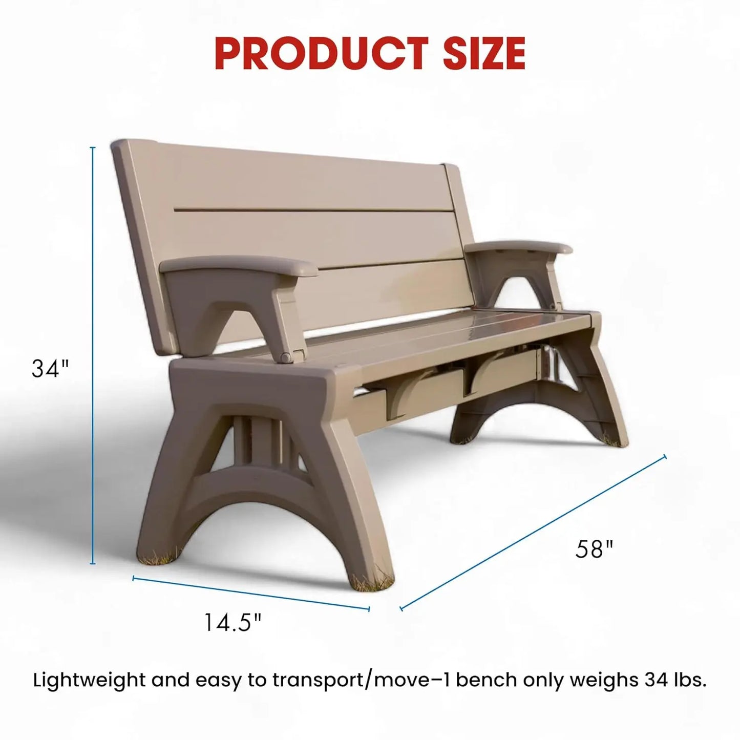 2-in-1 Convertible Bench Table Weather-Resistant Patio Furniture Yard Deck Garden Durable Easy Assembly 1pc, Custom