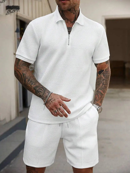 Textured Half-Zip Polo & Shorts Set
