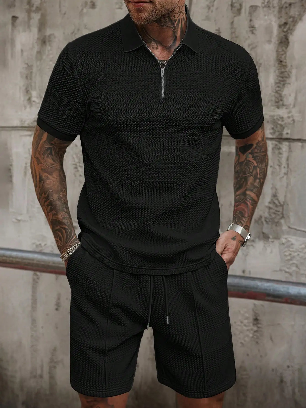 Textured Half-Zip Polo & Shorts Set