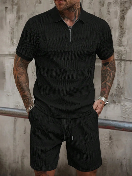 Textured Half-Zip Polo & Shorts Set