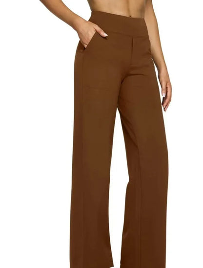 Women's High-Waist Soft Knit Trousers with Pockets - Comfortable Straight Leg Pants