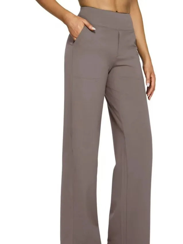 Women's High-Waist Soft Knit Trousers with Pockets - Comfortable Straight Leg Pants