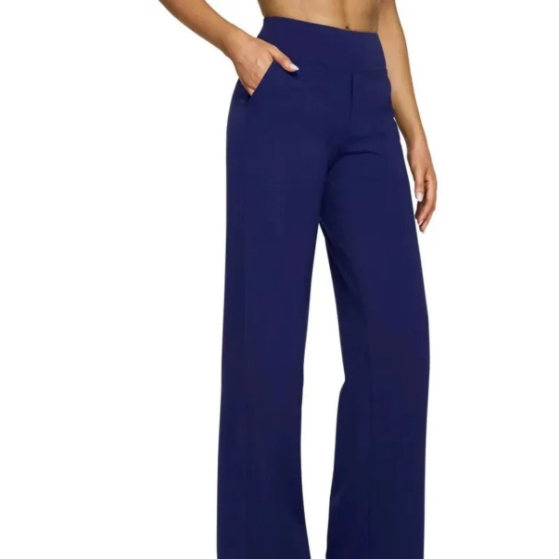 Women's High-Waist Soft Knit Trousers with Pockets - Comfortable Straight Leg Pants