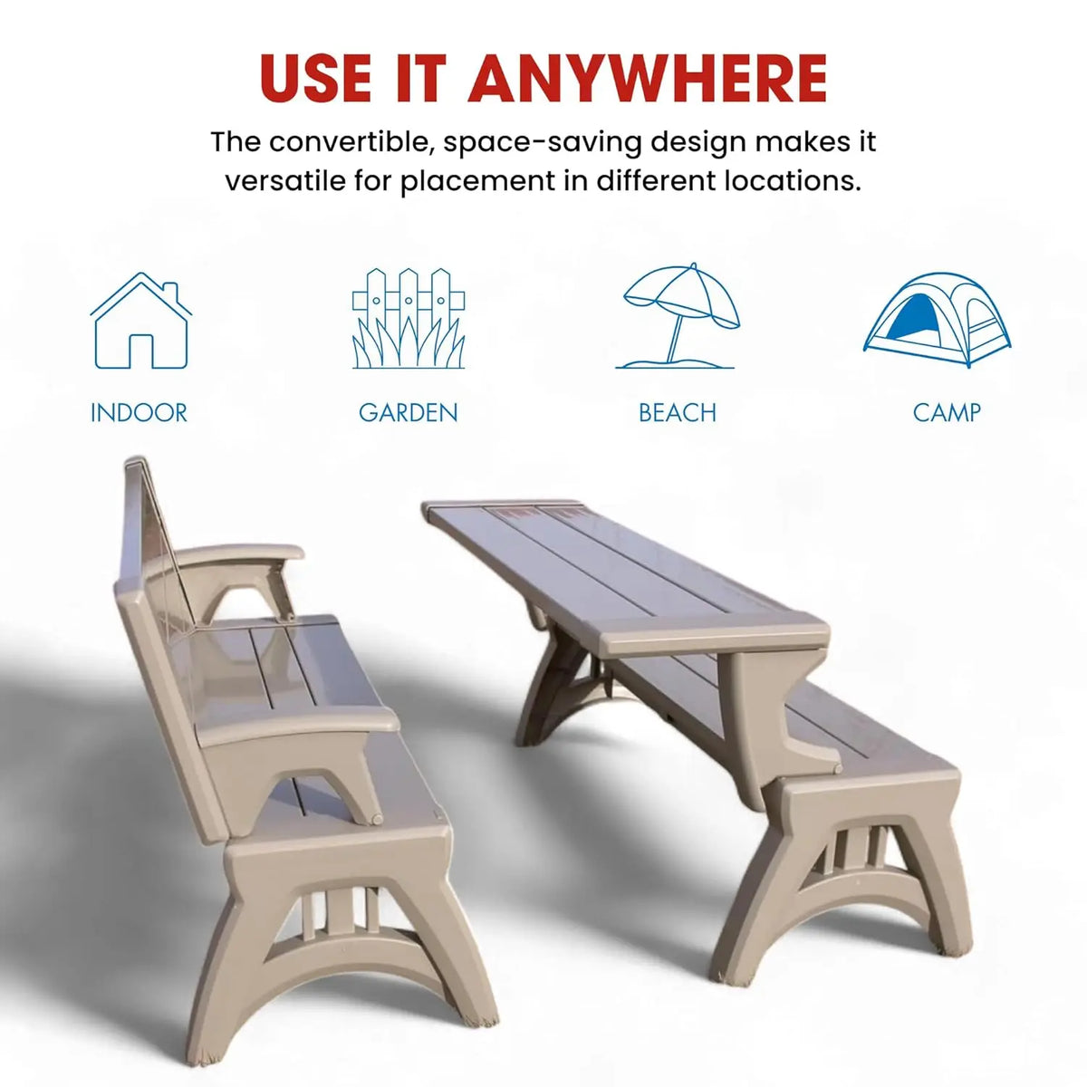 2-in-1 Convertible Bench Table Weather-Resistant Patio Furniture Yard Deck Garden Durable Easy Assembly 1pc, Custom