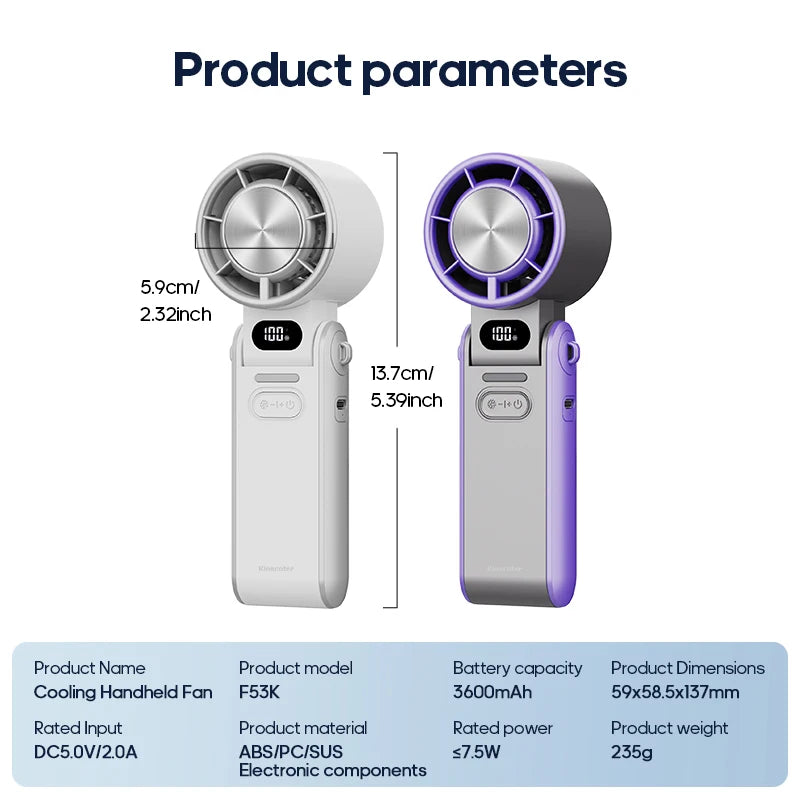 Portable High Speed Cooling Handheld Fan 3600mAh Rechargeable 100 Wind Speeds Adjustable Mini Foldable Air Cooling Turbo Fan