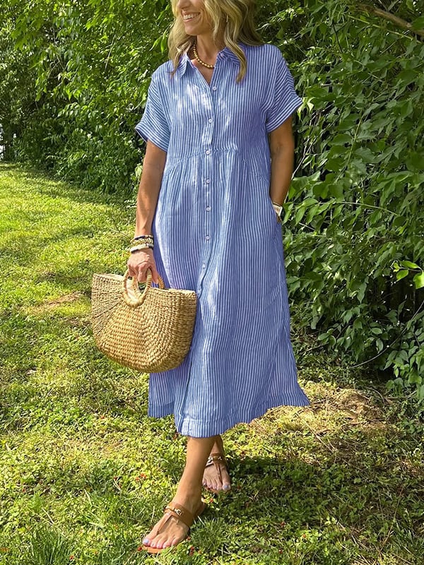 Samantha | Casual Striped Midi Shirt Dress 0
