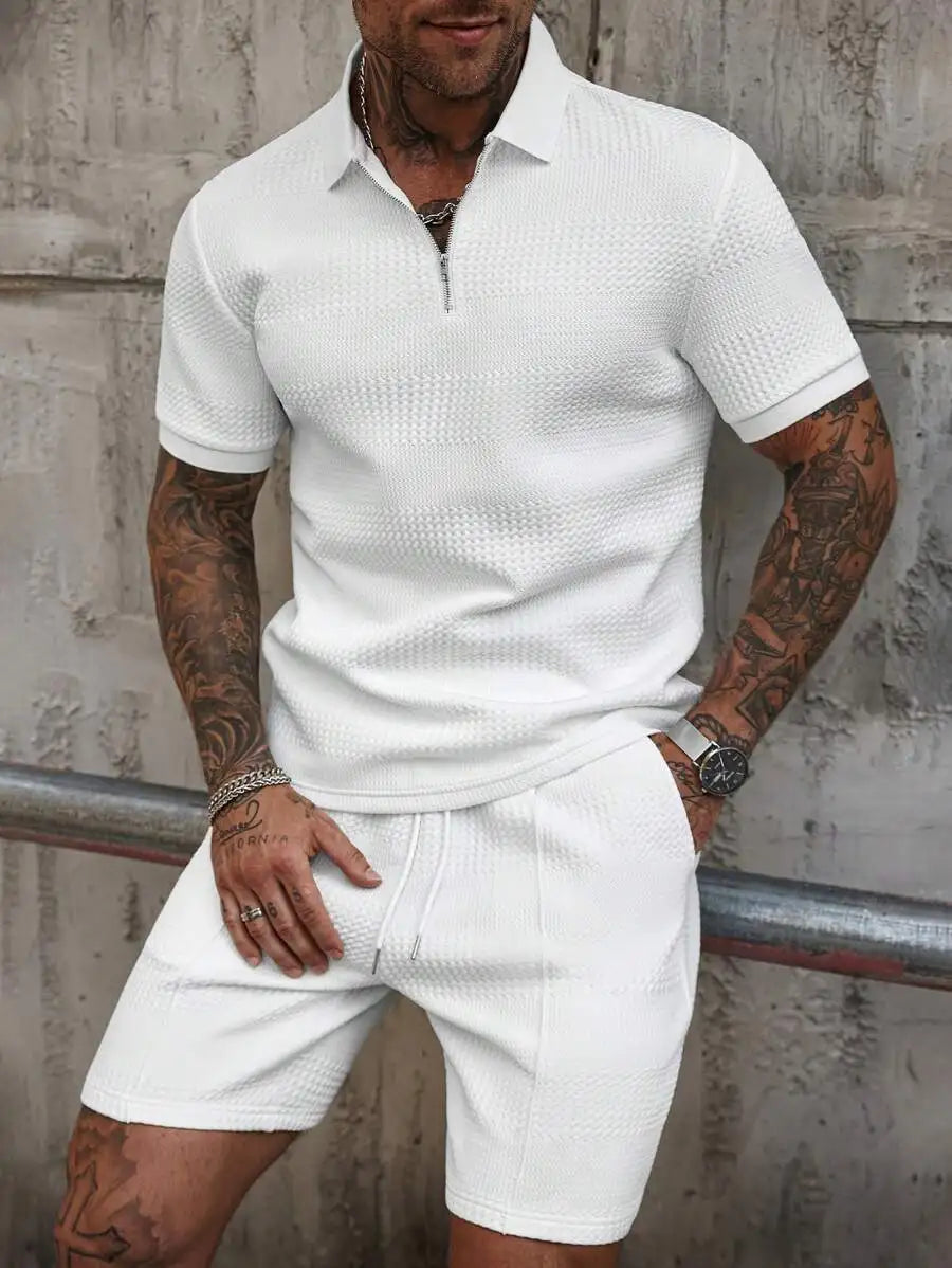 Textured Half-Zip Polo & Shorts Set