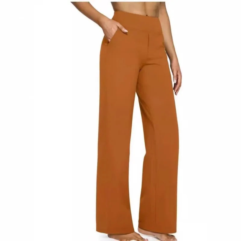 Women's High-Waist Soft Knit Trousers with Pockets - Comfortable Straight Leg Pants