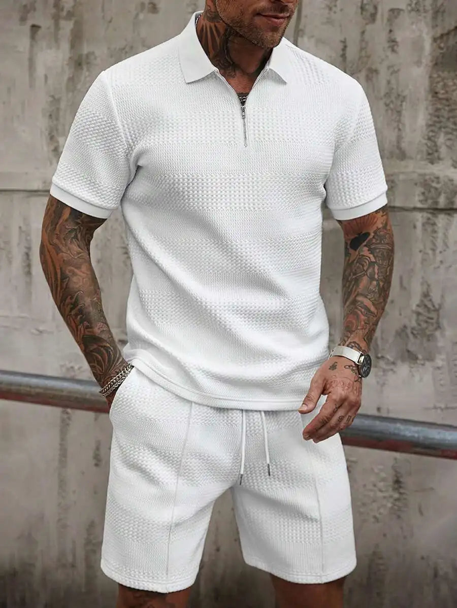 Textured Half-Zip Polo & Shorts Set