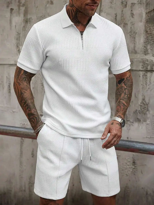 Textured Half-Zip Polo & Shorts Set