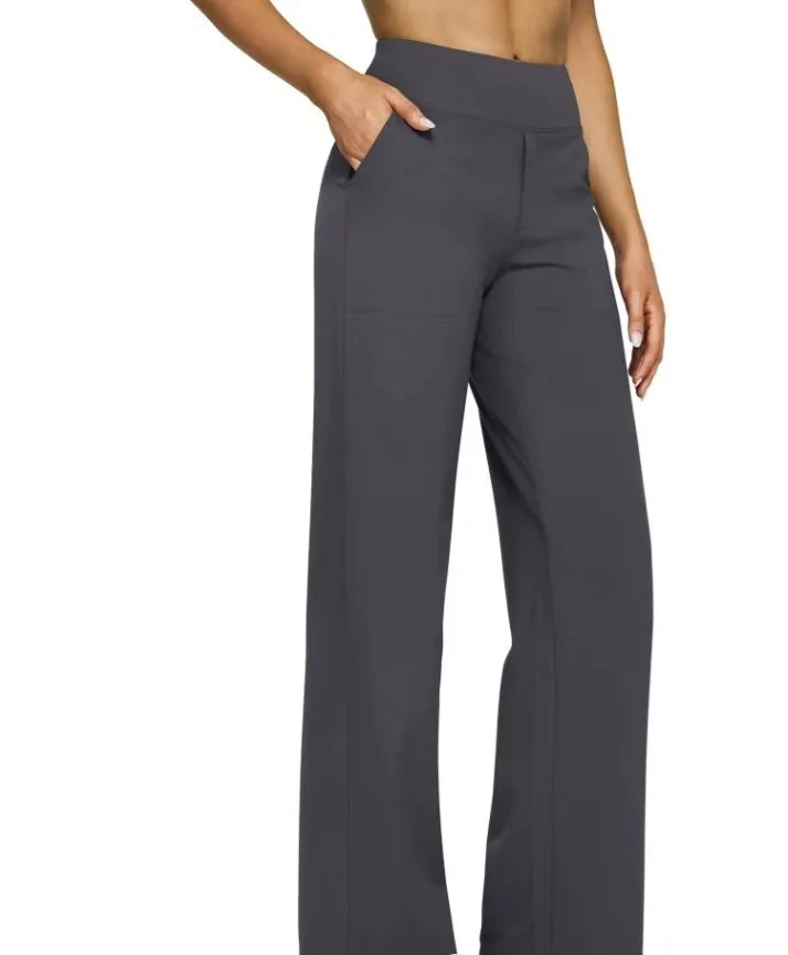 Women's High-Waist Soft Knit Trousers with Pockets - Comfortable Straight Leg Pants