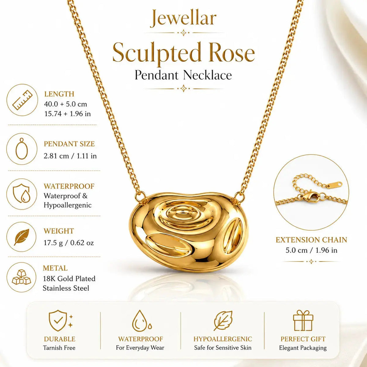 Sculpted Rose Pendant Necklace - 18K Gold Plated 2