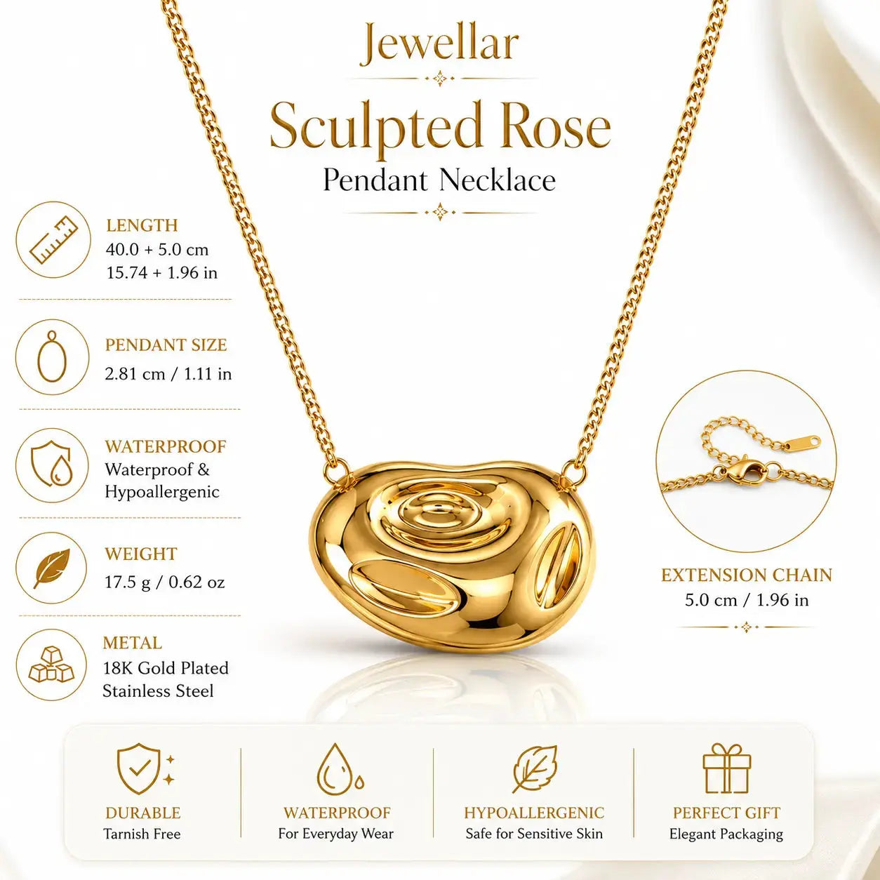 Sculpted Rose Pendant Necklace - 18K Gold Plated 2