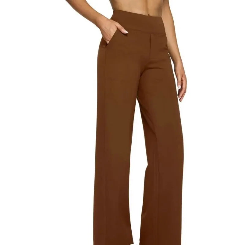 Women's High-Waist Soft Knit Trousers with Pockets - Comfortable Straight Leg Pants