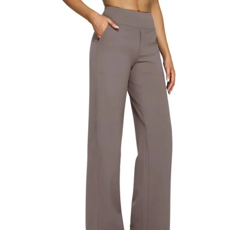 Women's High-Waist Soft Knit Trousers with Pockets - Comfortable Straight Leg Pants