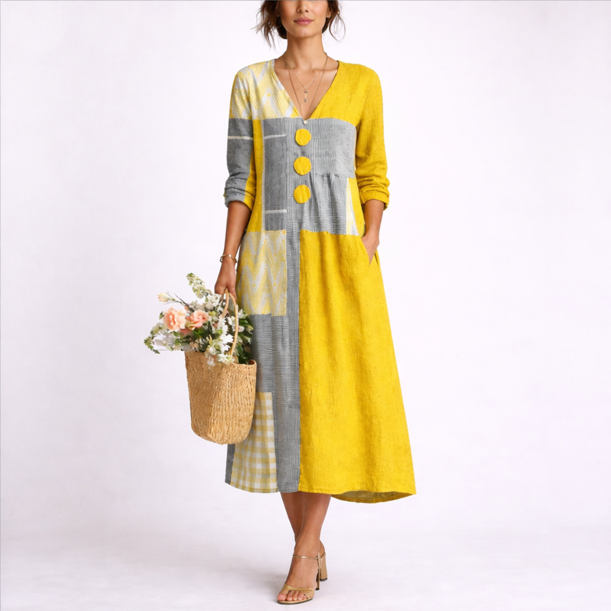 Sienna | Women's V-Neck Patchwork Midi Dress 0