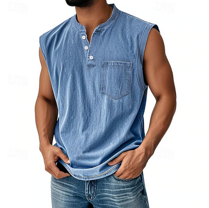 Sleeveless Henley Tank Shirt – Casual Vintage Style 1