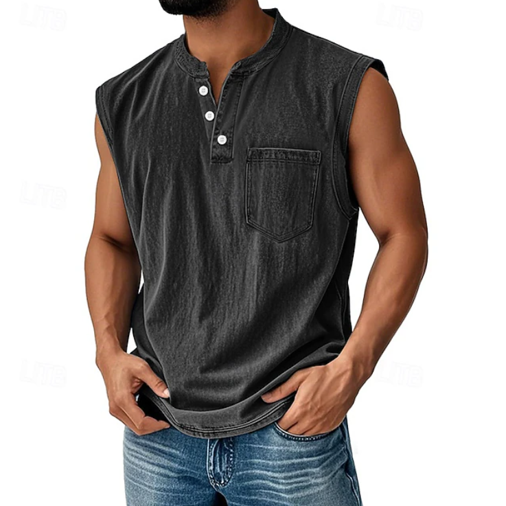 Sleeveless Henley Tank Shirt – Casual Vintage Style 2