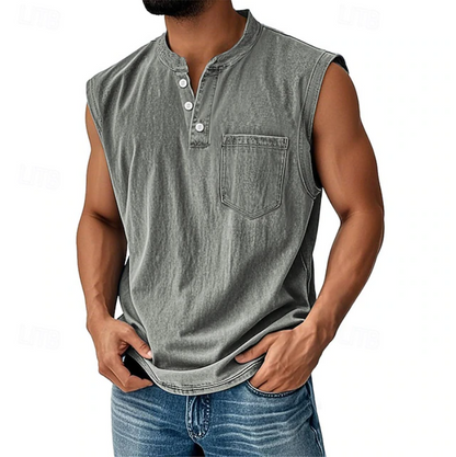 Sleeveless Henley Tank Shirt – Casual Vintage Style 3