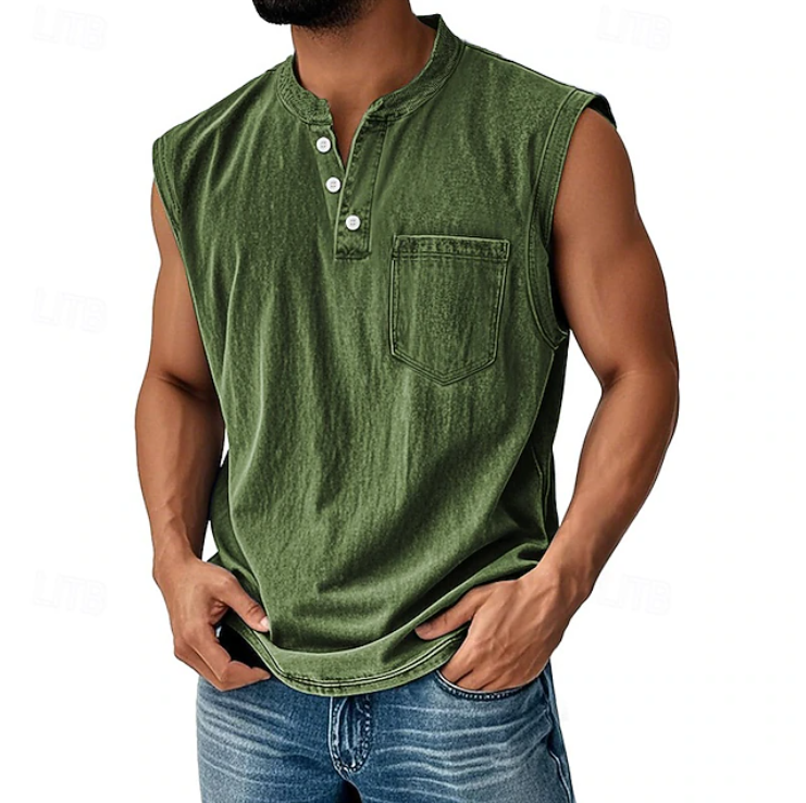 Sleeveless Henley Tank Shirt – Casual Vintage Style 4