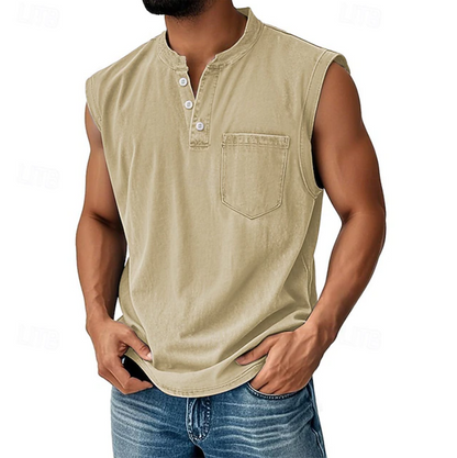 Sleeveless Henley Tank Shirt – Casual Vintage Style 5
