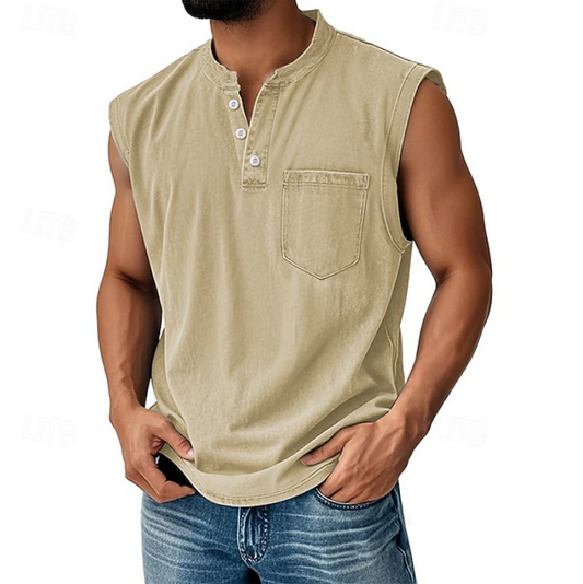 Sleeveless Henley Tank Shirt – Casual Vintage Style 5