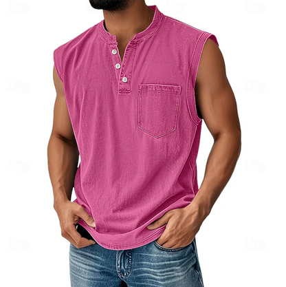 Sleeveless Henley Tank Shirt – Casual Vintage Style 7