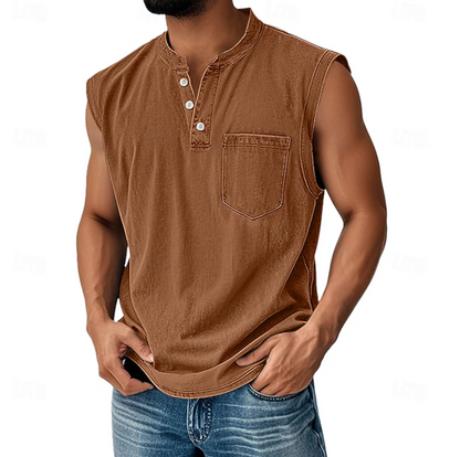 Sleeveless Henley Tank Shirt – Casual Vintage Style 8