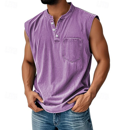Sleeveless Henley Tank Shirt – Casual Vintage Style 9
