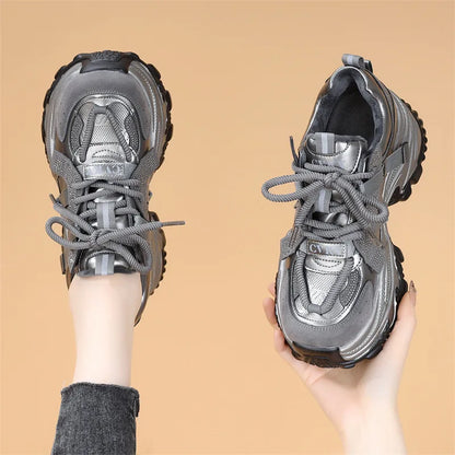 Slimming Lightweight Casual Shoes for Short Women Dad Sneakers Fall Winter New Style Hand-Painted Balance Pigskin Leather 1