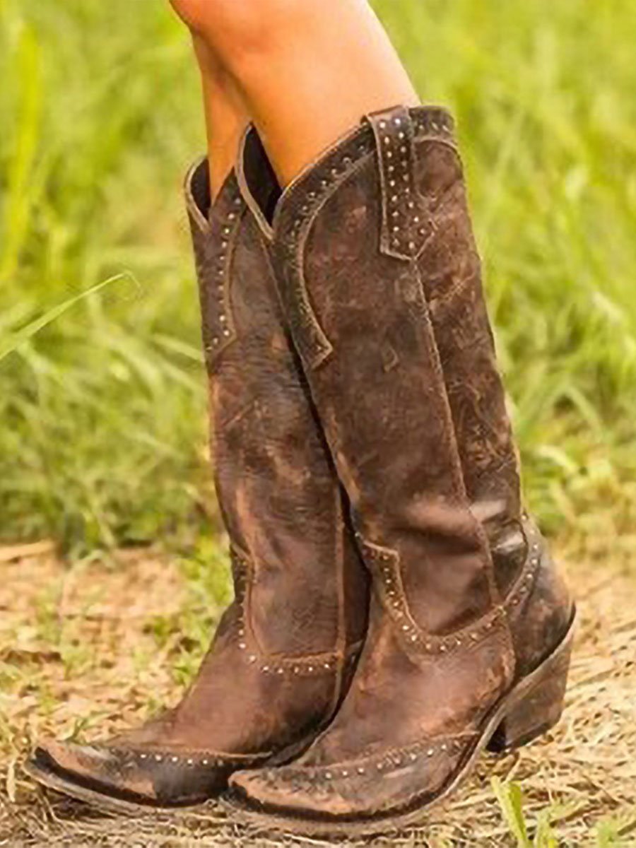 Sophia | Distressed Studded Knee-High Cowboy Boots 0