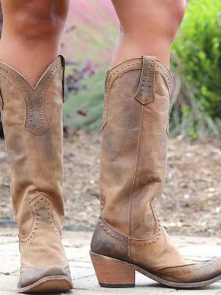Sophia | Distressed Studded Knee-High Cowboy Boots 2