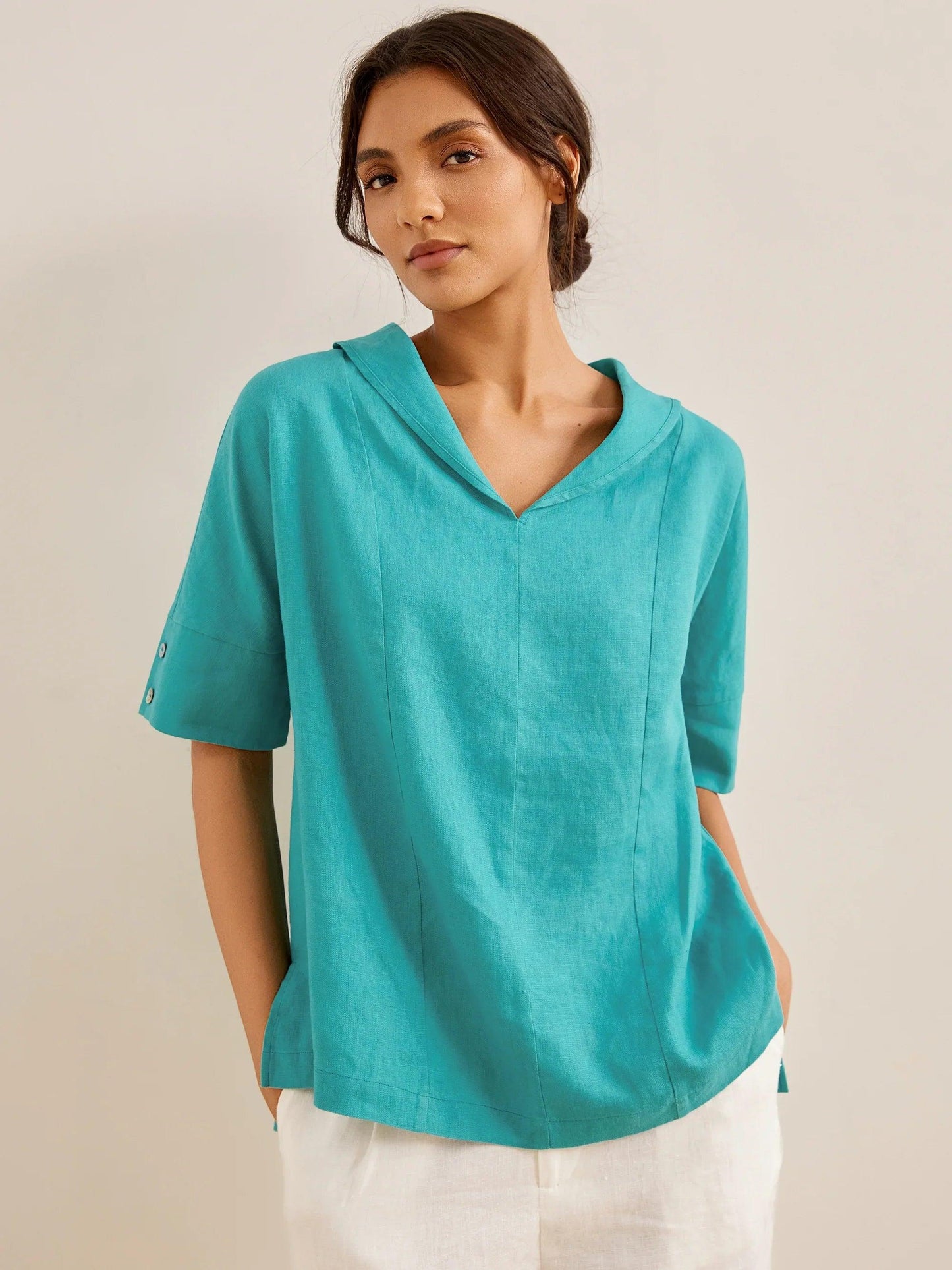 Sophie | Chic Relaxed Fit White Linen Shirt for Women 9