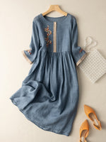 Stefania | Embroidered Linen Midi Dress 0