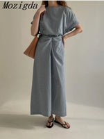 Summer Striped Print Long Dress Women Short Sleeve Casual Fashion Slim Waist Ladies Dresses Pleated Irregular Korean Woman Dress 0