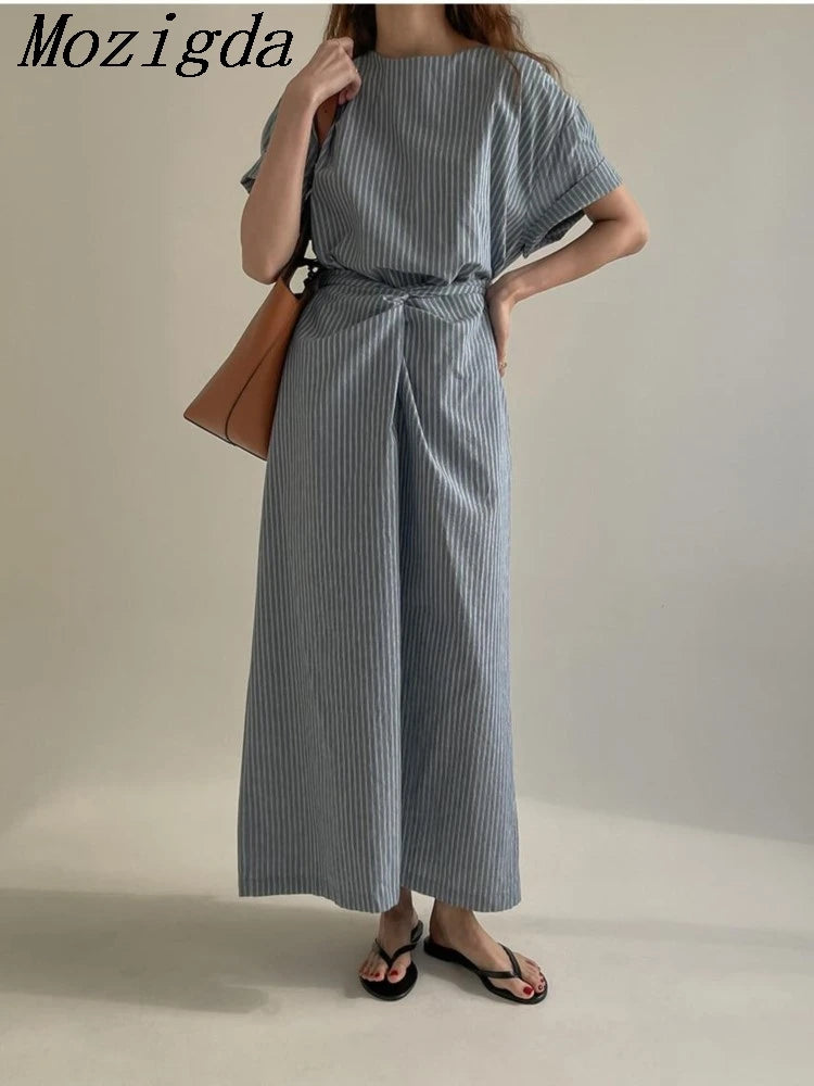 Summer Striped Print Long Dress Women Short Sleeve Casual Fashion Slim Waist Ladies Dresses Pleated Irregular Korean Woman Dress 0