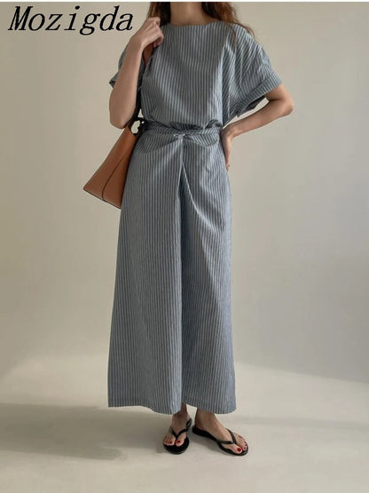 Summer Striped Print Long Dress Women Short Sleeve Casual Fashion Slim Waist Ladies Dresses Pleated Irregular Korean Woman Dress 0