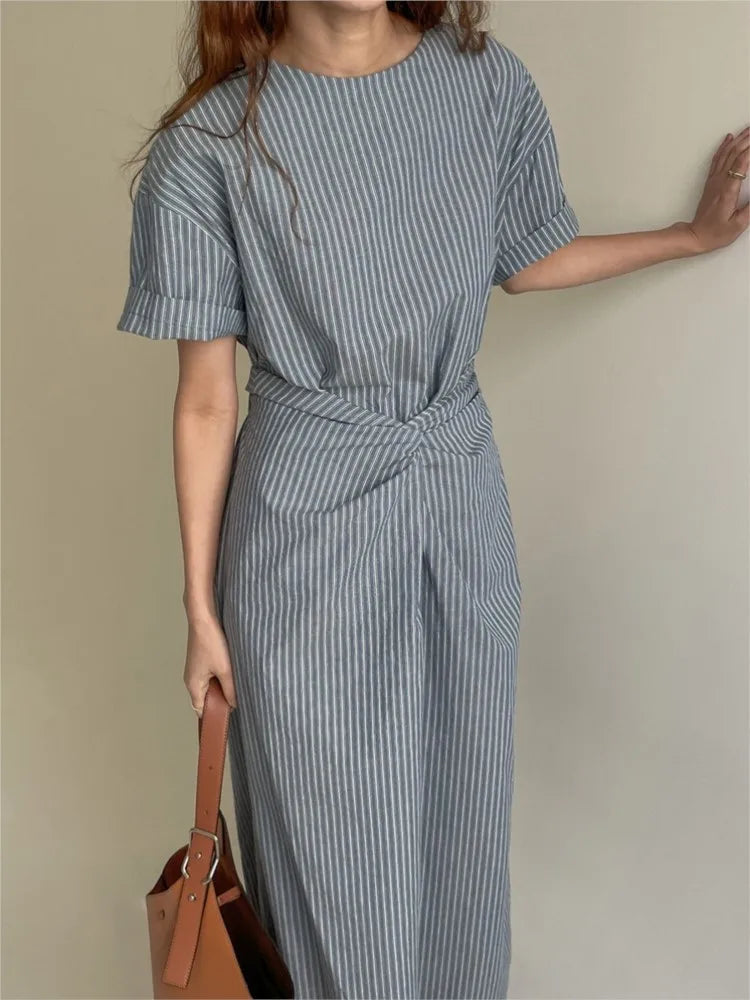 Summer Striped Print Long Dress Women Short Sleeve Casual Fashion Slim Waist Ladies Dresses Pleated Irregular Korean Woman Dress 1
