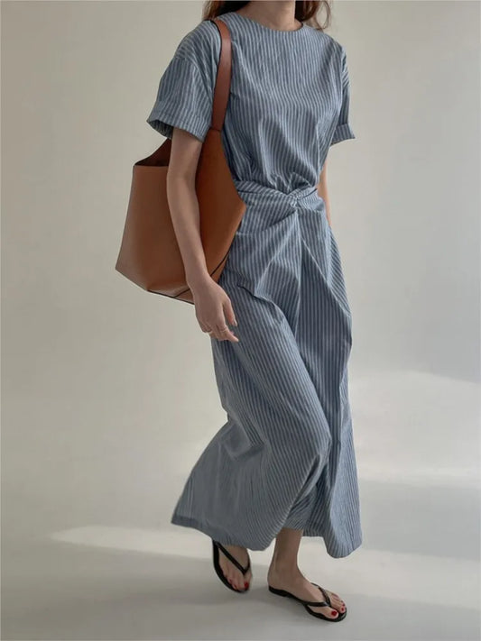 Summer Striped Print Long Dress Women Short Sleeve Casual Fashion Slim Waist Ladies Dresses Pleated Irregular Korean Woman Dress 2