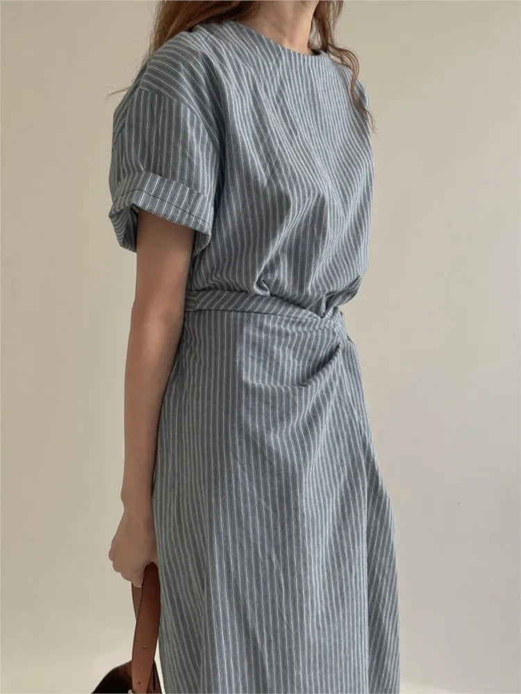 Summer Striped Print Long Dress Women Short Sleeve Casual Fashion Slim Waist Ladies Dresses Pleated Irregular Korean Woman Dress 3