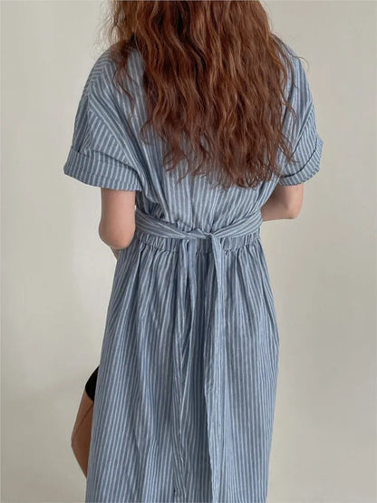 Summer Striped Print Long Dress Women Short Sleeve Casual Fashion Slim Waist Ladies Dresses Pleated Irregular Korean Woman Dress 4