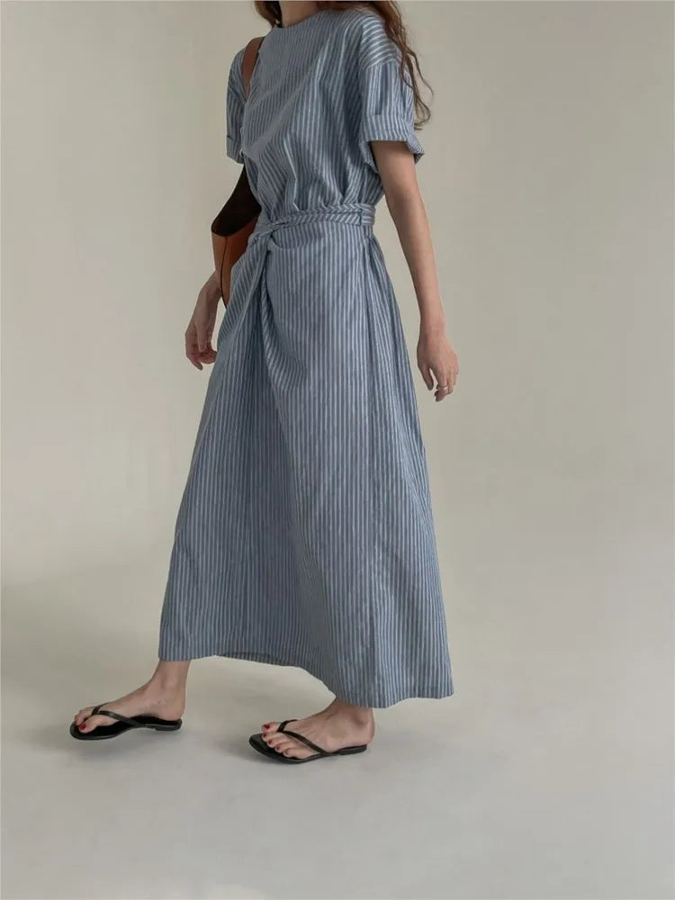 Summer Striped Print Long Dress Women Short Sleeve Casual Fashion Slim Waist Ladies Dresses Pleated Irregular Korean Woman Dress 5